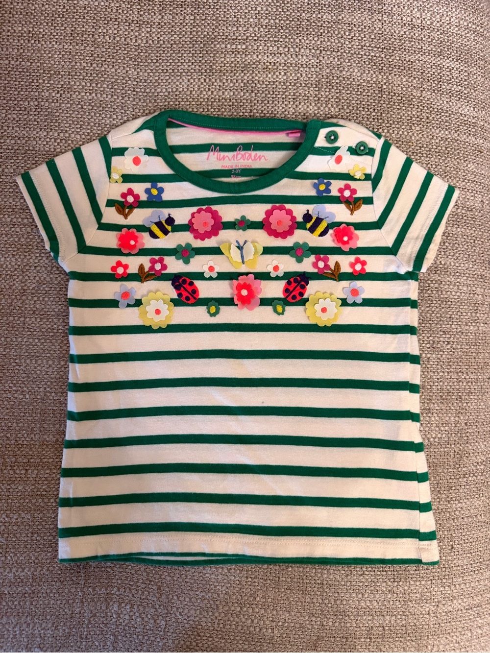 Mini Boden Green and Cream Striped Tee with Bright Floral Appliqués